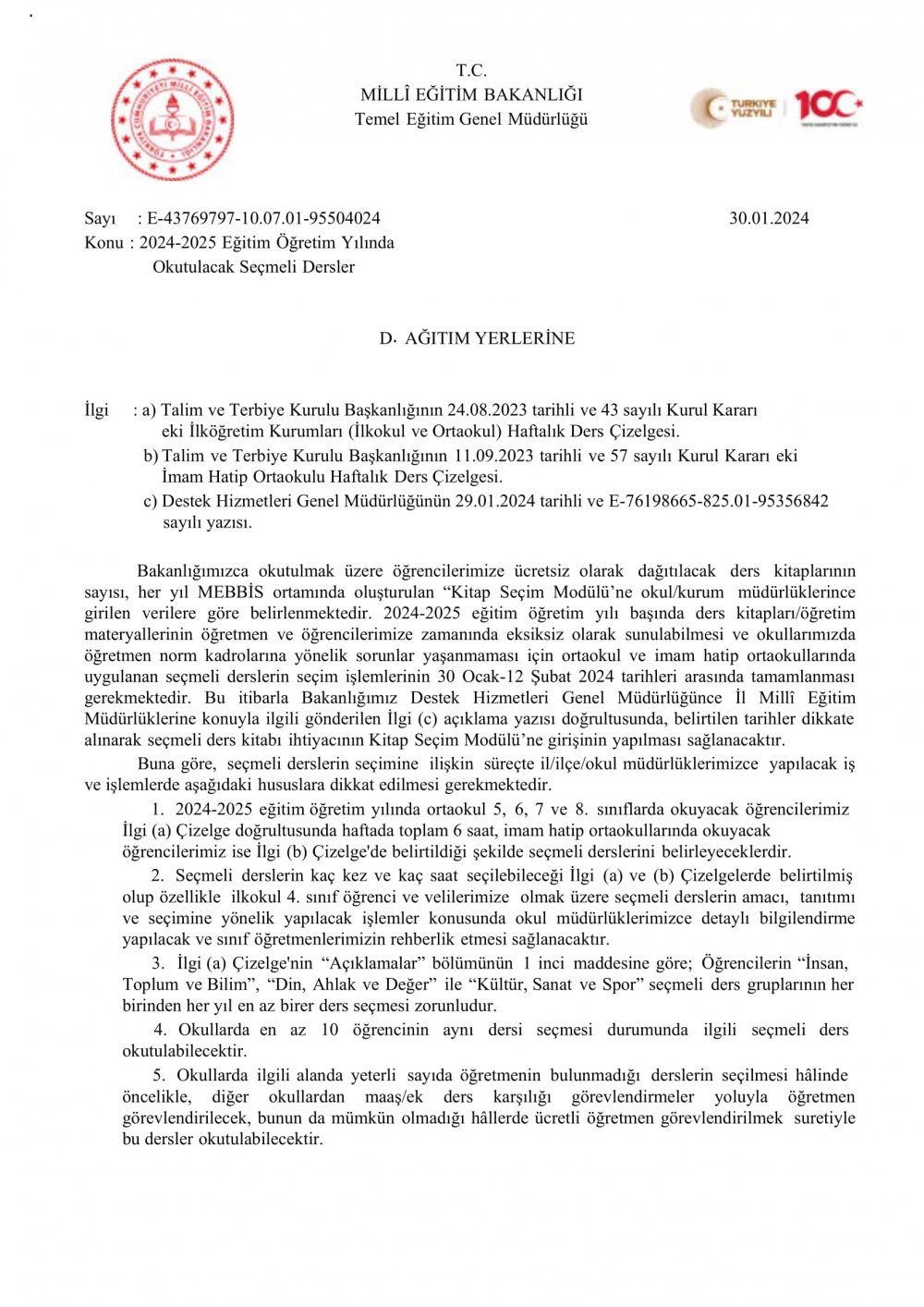 2024 2025 Eitim yoretim Ylnda Okutulacak Seymeli Dersler 30.01.2024 01