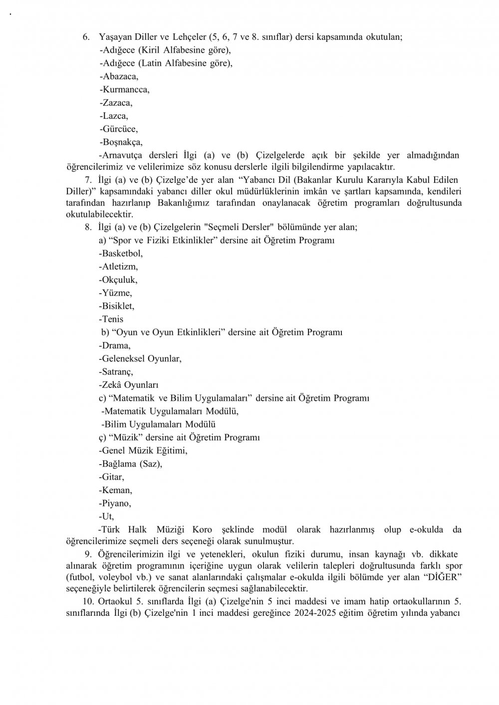 2024 2025 Eitim yoretim Ylnda Okutulacak Seymeli Dersler 30.01.2024 02
